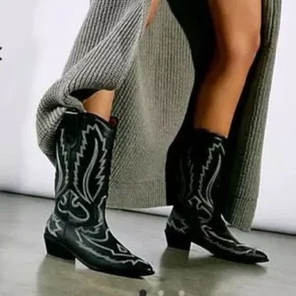 New Free People Toral Cross Your Heart Western Boot Black Leather White US 8 - Picture 1 of 14